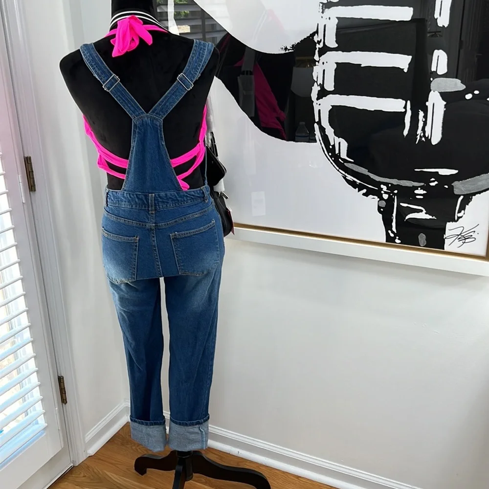 Love Tree Denim Racerback Button Bib Overalls, Size S